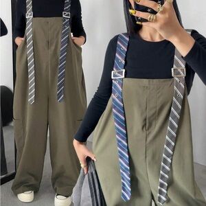 SHEIN Olive Green Wide-Leg Suspender Jumpsuit with Striped Ties